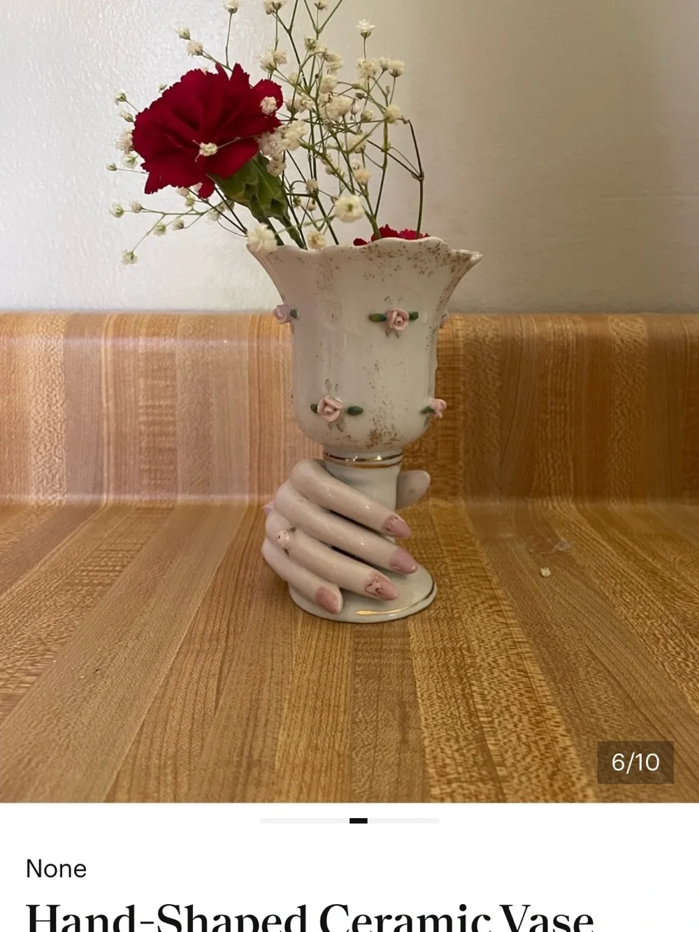 Vintage White Ceramic Hand-Shaped Vase with Pink Rose Accents - Picture 3 of 8